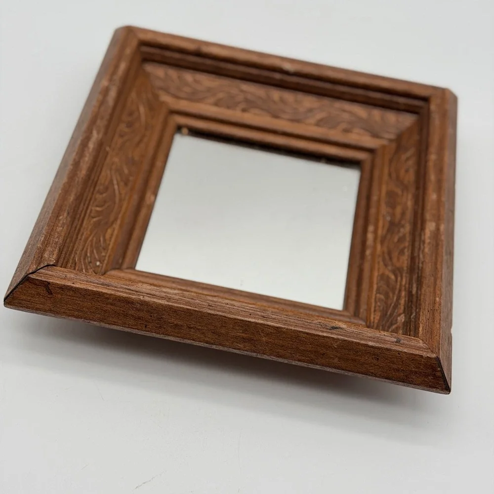Vintage Carved Wood Square Wall Mirror Brown Leaf Scroll Ornate Frame Small
